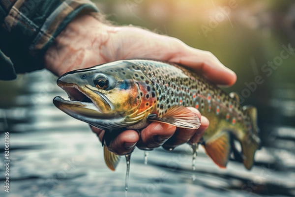 Obraz Large trout fish in the hands of a fisherman, against the backdrop of a summer lake, nature and uniqueness