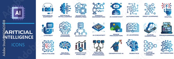Fototapeta Artificial intelligence icon set. Containing machine learning, AI, generative AI, technology, virtual assistant , Robotics, Technical support, LLM and more. Solid vector icons collection