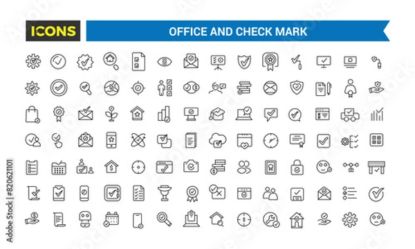Fototapeta Office and check mark icon set. Outline icons pack. Editable vector icon and illustration.