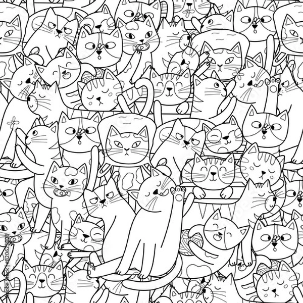 Fototapeta Cute doodle cats black and white seamless pattern for kids. Funny feline characters coloring page. Outline background. Vector illustration