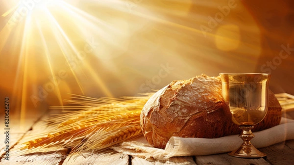 Fototapeta Golden Chalice and Fresh Bread on Wooden Table with Sunlight - Perfect for Religious Celebrations and Communion