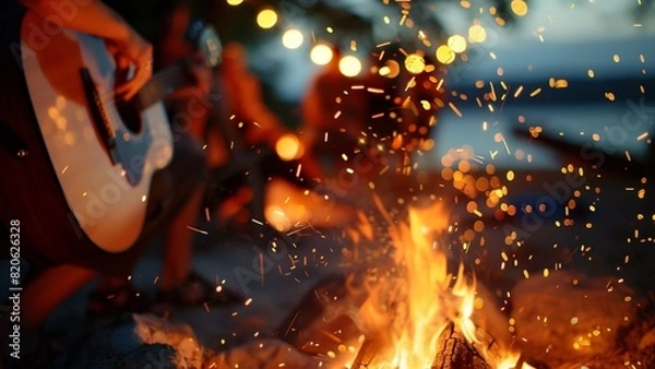 Fototapeta A blurred group of friends around a campfire at night, holding a guitar, with a bokeh effect, fire sparks flying in the air, a campsite in the background, warm light from bonfires, an evening sky