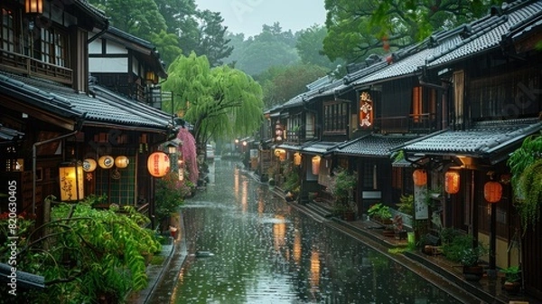 Fototapeta Rain falling gently on the historic streets of Kurashiki, reflections of willow trees in the canal