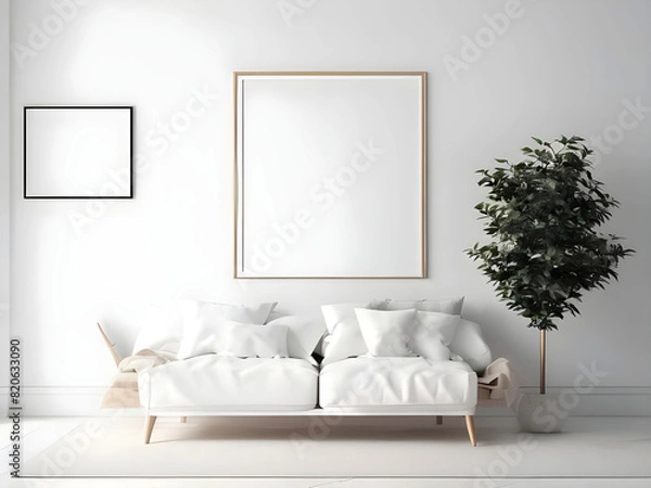 Fototapeta Blank horizontal poster frame mock up in scandinavian style living room interior, modern living room interior background, beige sofa and pampas grass, 3d rendering