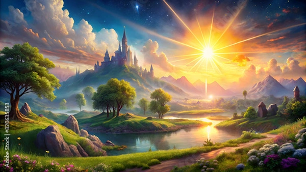 Obraz magical fantasy landscape with sun