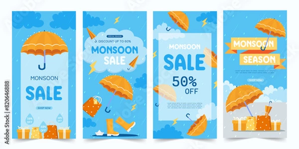 Fototapeta Monsoon sale, Set of 4 vector brouchure, Discount, Offers. monsoon season background. rainy day concept. rainy season. rainy background. rain. Umbrella. template, Vector illustration.