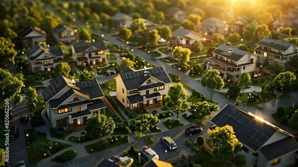 Fototapeta Radiant Suburban Neighborhood with Gleaming Solar-Powered Rooftops