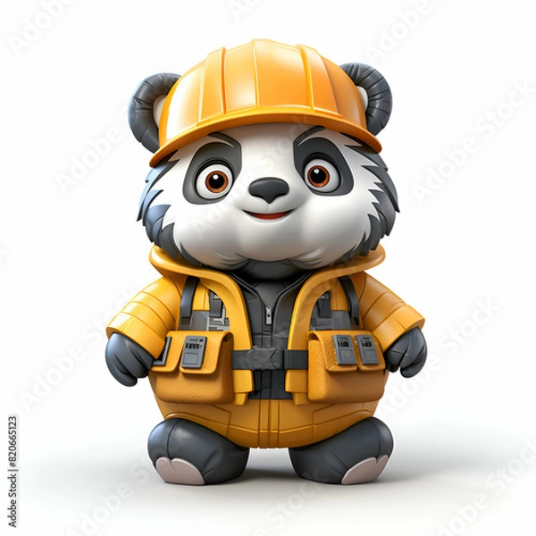 Fototapeta 3d rendered illustration of Panda cartoon character with safety helmet and safety vest