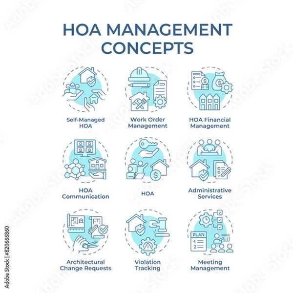 Fototapeta HOA management soft blue concept icons. Administrative services, association community. Icon pack. Vector images. Round shape illustrations for infographic, presentation. Abstract idea