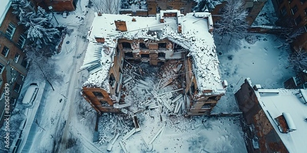 Fototapeta The building's roof crumbled due to the snow's heaviness, seen from a UAV.