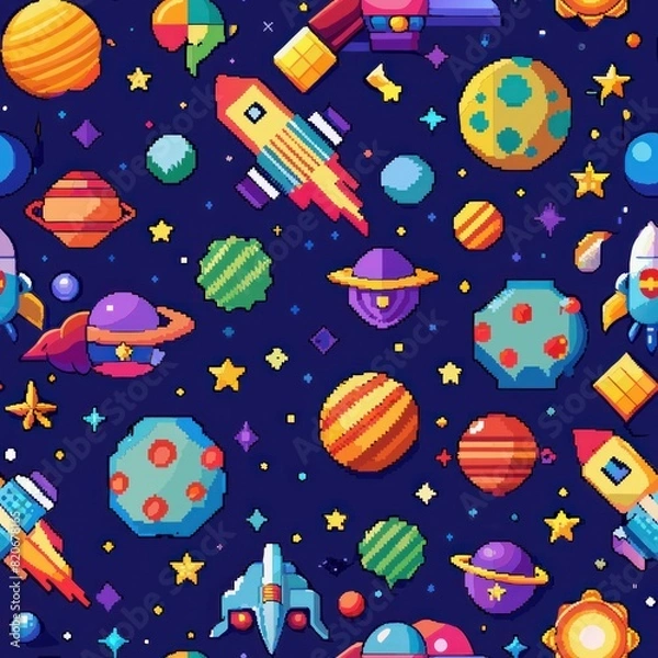 Fototapeta Seamless pattern of pixelated space scenes with stars, planets, and spaceships, perfect for wrapping gifts for astronomy enthusiasts, Generative AI