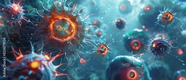 Fototapeta Digital illustration of microscopic viruses. Glowing bacteria and cells under a microscope. Viral activity in a blue and red fantasy setting.