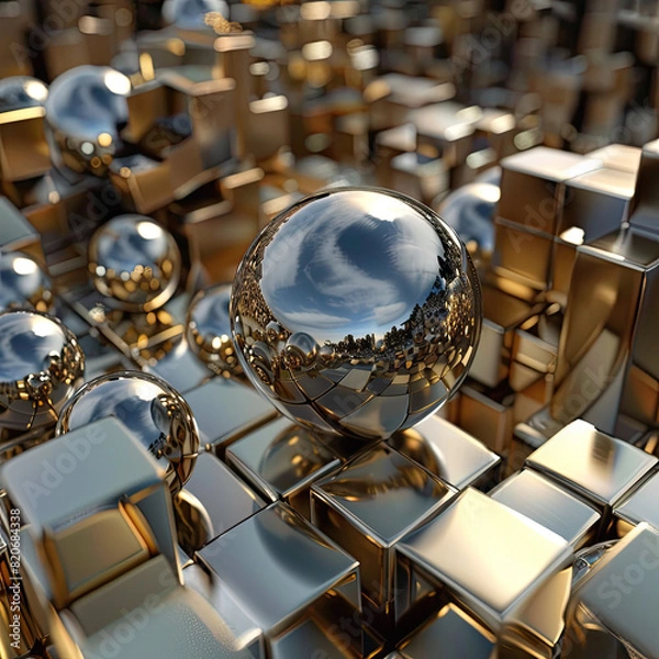 Fototapeta 3D silver balls on a background of 3D gold cubes. Creative, geometric design of interior, facade, exhibition space for presentations, sales. Business idea for decorating a building or studio. Modern, 