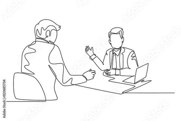 Fototapeta Single one line drawing of two young businessmen exploring new business and discussing agreement to merge their business. Business deal concept. Continuous line draw design graphic vector illustration