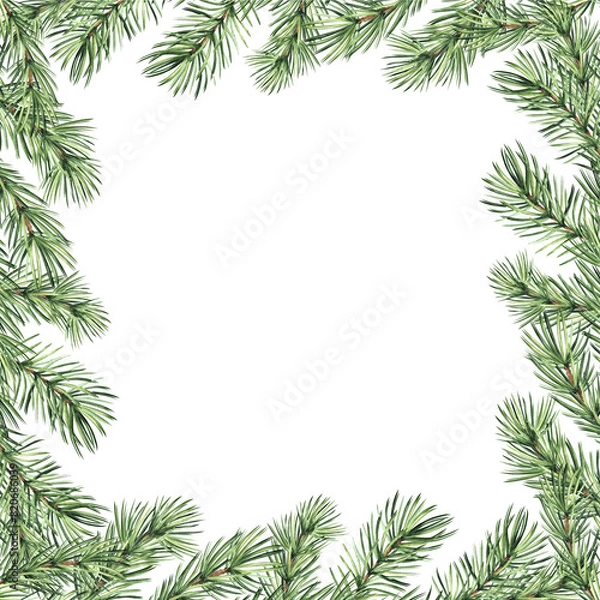 Fototapeta Christmas frame vintage with Pine tree branch. Fir twig with green needles. Hand drawn watercolor illustration traditional winter background. Isolated template for card, invitation, New Year, print.