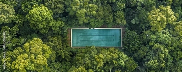 Fototapeta Aerial shot of a rectangular swimming pool in the middle of a forest, an unexpected oasis of freedom in nature