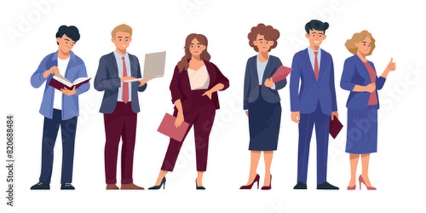 Obraz People at work. Business people. Men and women in business suits. Set of images of people for business design. Solving work issues. office life. Vector image.