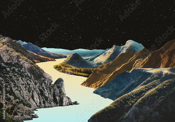 Obraz Surreal collage illustration made of torn pieces of vintage photos. Cut out fragments. Contemporary dadaism art. River flowing through mountains. Chill mood