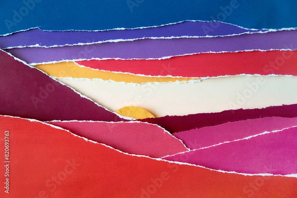 Fototapeta Abstract artistic collage with torn deckled paper edges in bright sunset colors. Colorful mountains and fields and meadows with copyspace. Analog aesthetic art technique