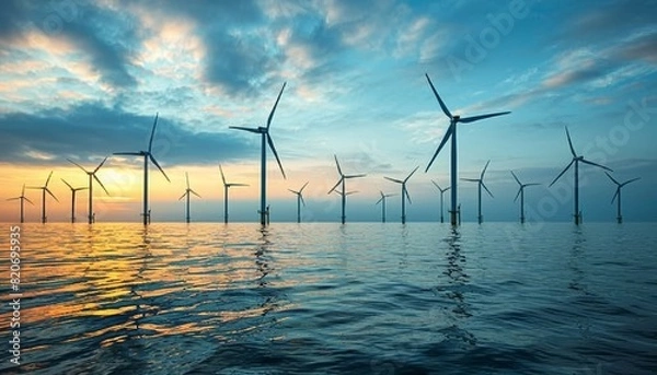 Fototapeta A large group of wind turbines are in the water by AI generated image