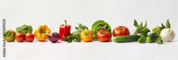 Fototapeta A colorful assortment of fresh vegetables neatly arranged on a white background, leaving ample blank space for text or graphics. Isolated on A Transparent Background.