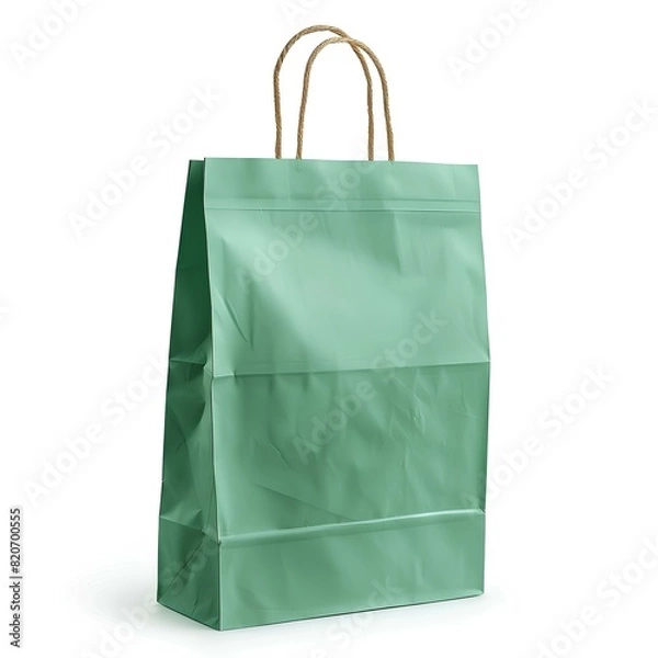 Fototapeta Green paper shopping bag. Recycled paper shopping bag isolated on white background with shadow. Zero plastic waste carton bag