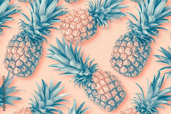 Obraz Pattern of pineapple and slices on solid background.	