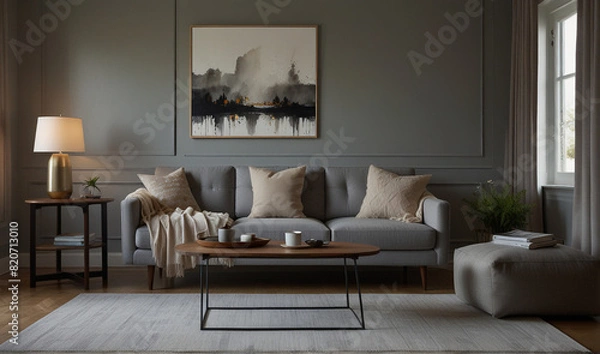 Fototapeta Warm and Inviting Modern Living Room with Light Gray Sofa, Wooden Coffee Table, and Soft Sunlight Streaming Through Large Window