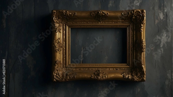 Fototapeta An empty ornate golden picture frame against a textured dark blue wall, suggesting mystery and elegance