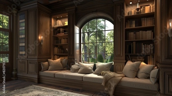 Fototapeta A drawing room with a cozy reading nook featuring a built-in window seat and plush cushions