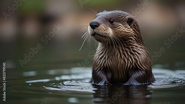 Fototapeta cute  wild otter in river with blurr background