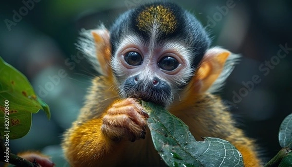 Obraz Squirrel Monkey Eating a Leaf in the Jungle