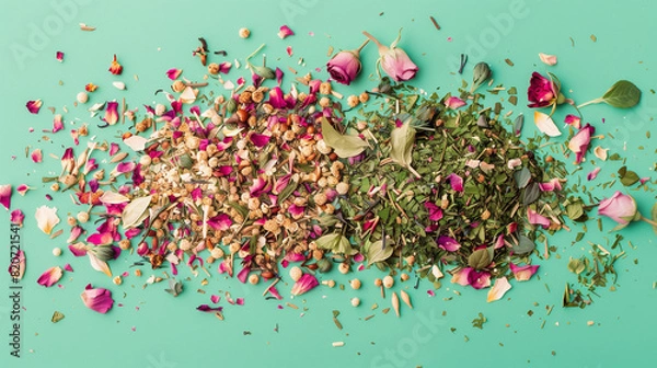 Fototapeta Dried Flowers Pile on Blue Surface