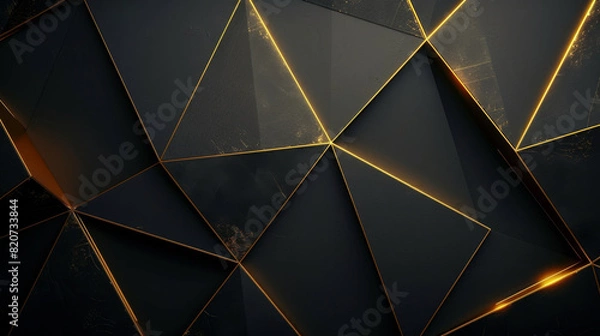 Fototapeta Minimal abstract art with gold lines and triangle shapes on deep black background.
