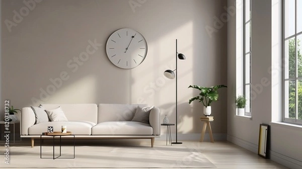 Fototapeta A minimalist drawing room with a neutral color palette, clean lines, and a statement wall clock