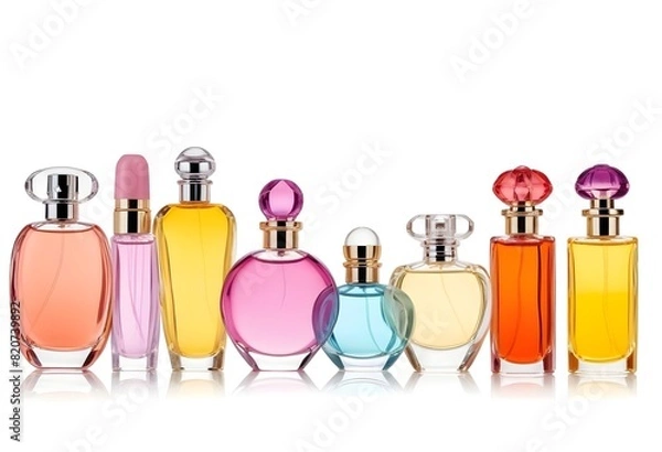 Fototapeta Assortment of colorful perfume bottles on white background