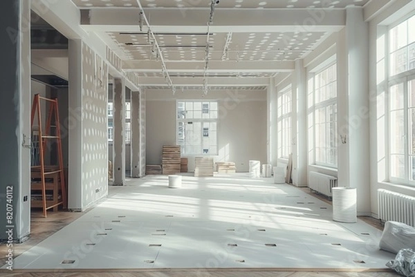 Fototapeta Spacious, brightly lit empty room under renovation with large windows