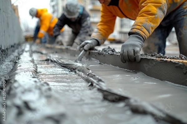 Fototapeta Workers leveling concrete on a construction site, detailed close up