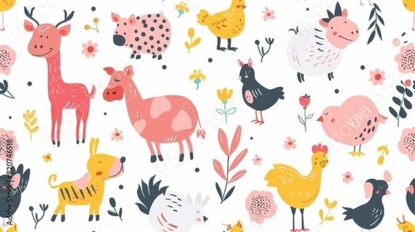 Fototapeta Cartoon farm animals pattern on a white background