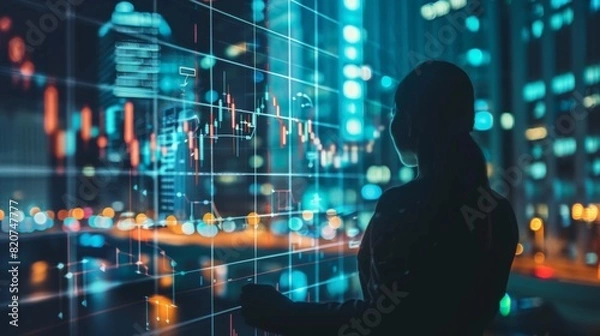 Fototapeta Silhouette of Woman Analyzing Stock Market Data in Modern City