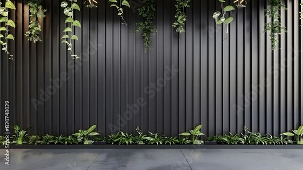 Fototapeta Black wall with vertical slats, hanging plants, gray floor, modern interior design background
