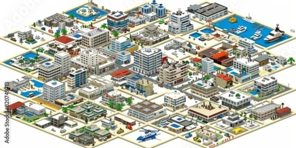 Fototapeta Isometric illustration of a modern city showcasing diverse buildings, infrastructure, and urban planning