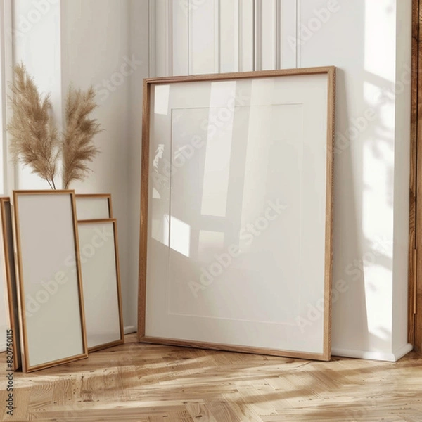 Obraz A minimalist interior design featuring blank wooden frames
