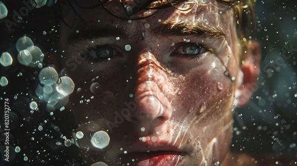 Obraz Close-up portrait of a young person with water splashes and bokeh lights