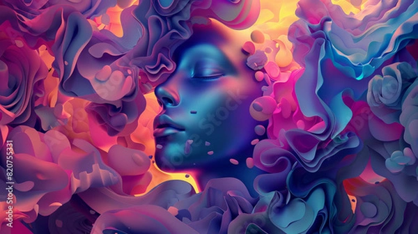 Fototapeta Surreal Digital Art of a Woman's Face Surrounded by Colorful Abstract Shapes