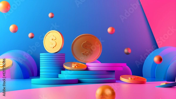 Fototapeta Abstract Financial Concept with Stacked Coins and Dollar Signs in a Colorful Background