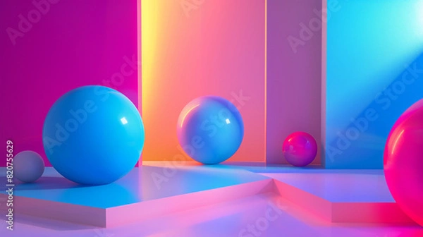 Fototapeta Vibrant Abstract 3D Rendering Featuring Colorful Spheres in Modern Geometric Setting