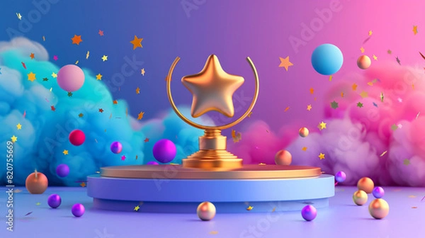 Fototapeta Golden Star Trophy on Vibrant Stage with Colorful Clouds and Confetti