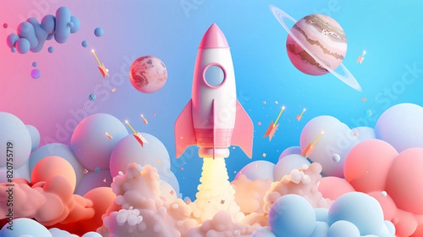 Fototapeta Colorful Rocket Launch with Planets and Clouds in Dreamlike Fantasy Space