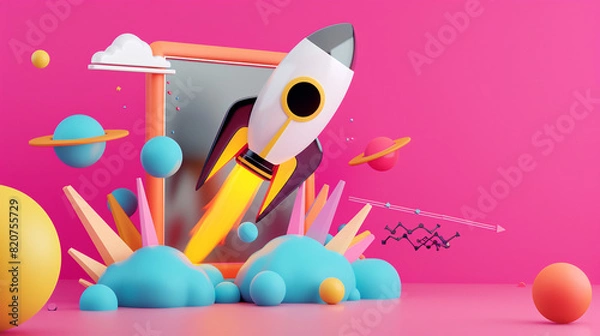 Fototapeta Colorful Abstract Illustration of a Rocket Launching into Space with Planets and Clouds